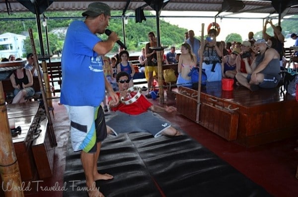 St. Thomas Kon Tiki Boat Tour - the crew doing the limbo