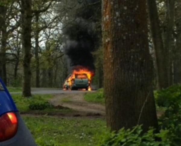 Helen Clements Car on fire in the Lion Enclosure at Longleat Safari Park