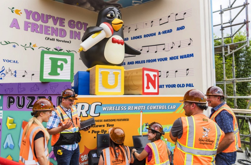 Wheezy, the squeaky toy penguin from the "Toy Story" films at Toy Story Land